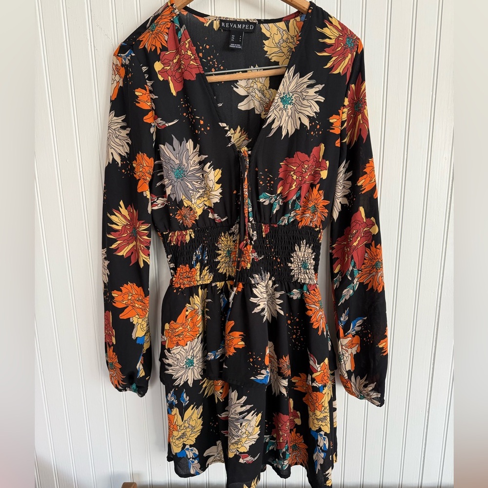 Revamped Black Floral Dress Size S with long sleeves